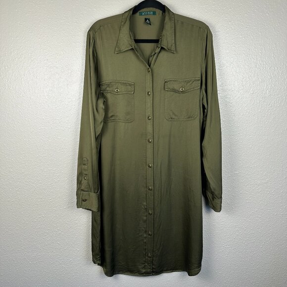 Ralph Lauren LAUREN Olive Green Satin Shirt Dress with Belt - Sz 16 - Picture 1 of 6